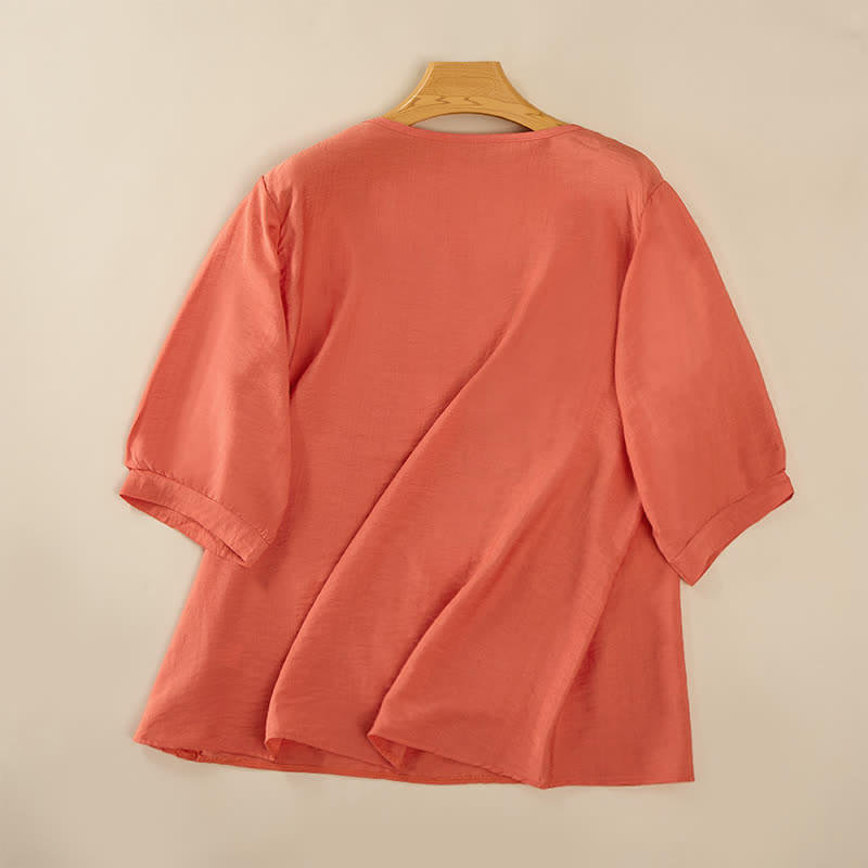 Buddha Stones T-shirts femme printemps bohèmes en coton et lin brodés, manches coude - image 1