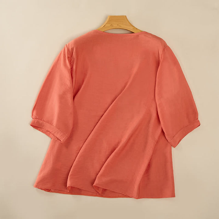 Buddha Stones T-shirts femme printemps bohèmes en coton et lin brodés, manches coude - image 1