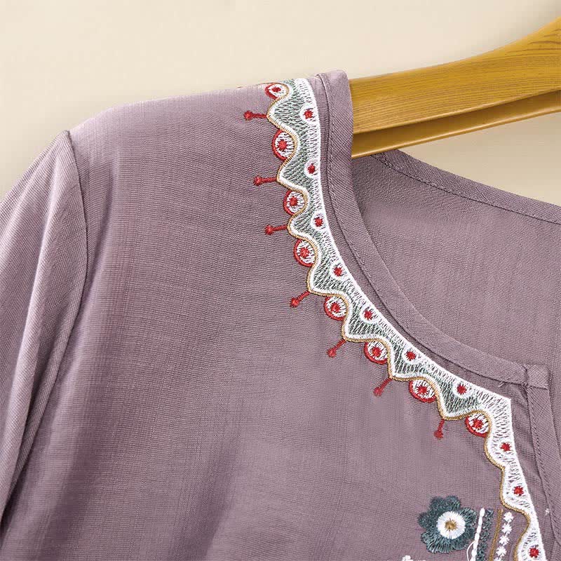 T-shirts femme à manches coude brodées, style bohème printanier, avec Buddha Stones - image 10