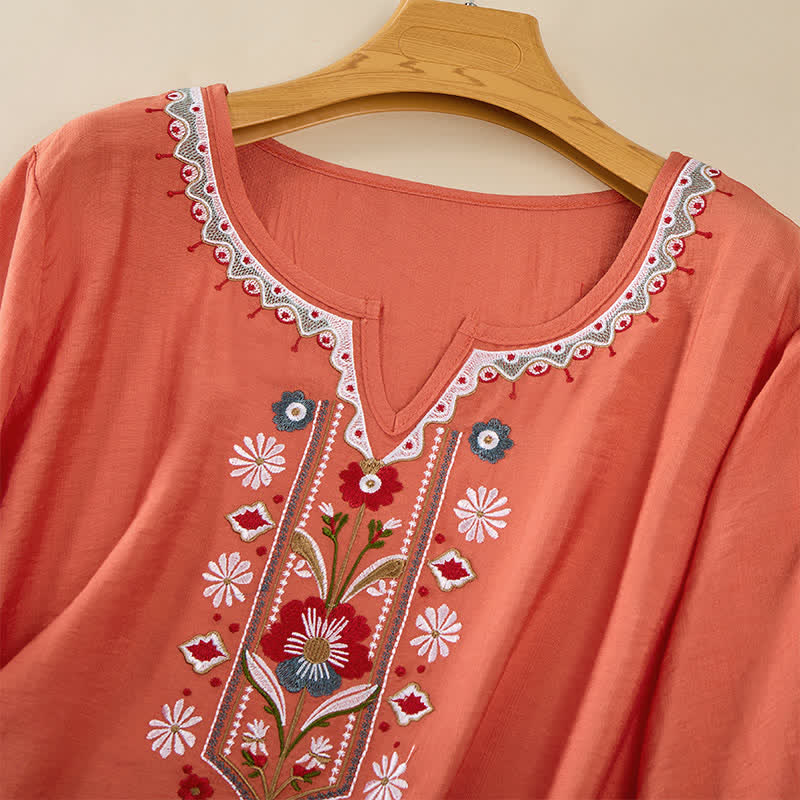 Buddha Stones T-shirts femme printemps bohèmes en coton et lin brodés, manches coude - image 2