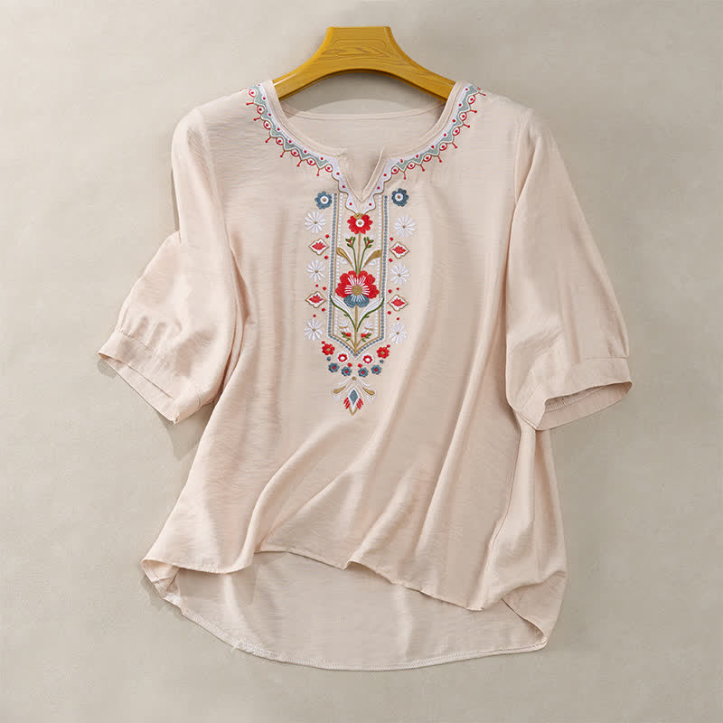 T-shirts femme à manches coude brodées, style bohème printanier, avec Buddha Stones - Beige - US16，UK/AU20，EU48 (3XL) - image 13