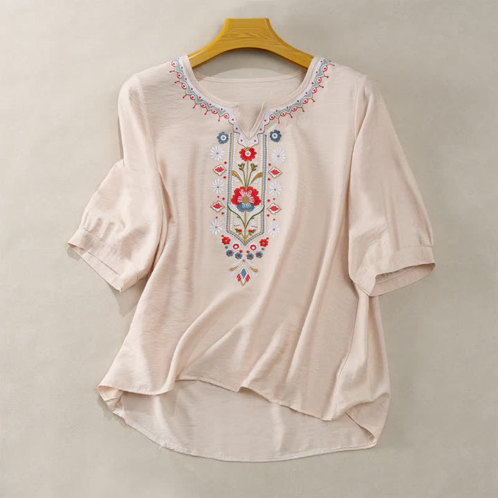 T-shirts femme à manches coude brodées, style bohème printanier, avec Buddha Stones - Beige - US16，UK/AU20，EU48 (3XL) - image 13