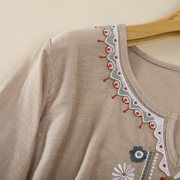 Buddha Stones T-shirts femme printemps bohèmes en coton et lin brodés, manches coude - image 21