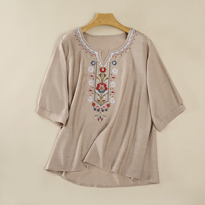 T-shirts femme à manches coude brodées, style bohème printanier, avec Buddha Stones - DarkKhaki - US16，UK/AU20，EU48 (3XL) - image 18