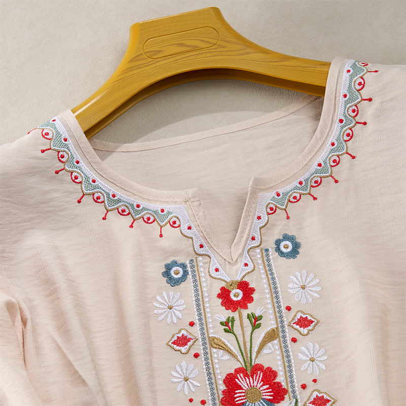 Buddha Stones T-shirts femme printemps bohèmes en coton et lin brodés, manches coude - image 15