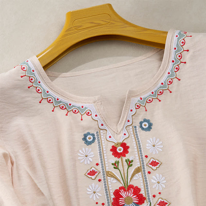 Buddha Stones T-shirts femme printemps bohèmes en coton et lin brodés, manches coude - image 15