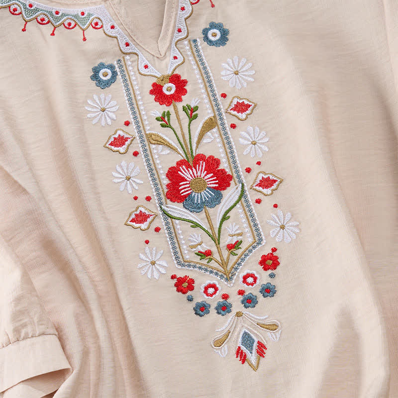 Buddha Stones T-shirts femme printemps bohèmes en coton et lin brodés, manches coude - image 16