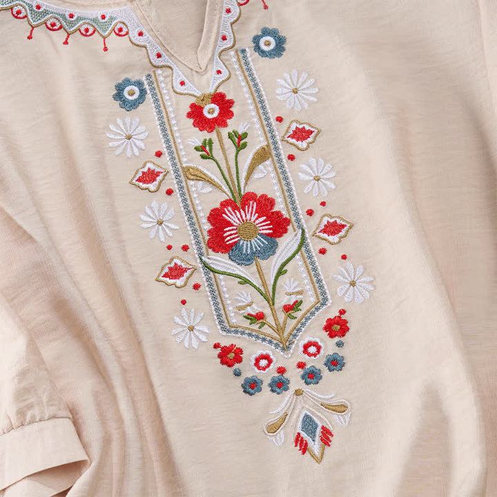 Buddha Stones T-shirts femme printemps bohèmes en coton et lin brodés, manches coude - image 16