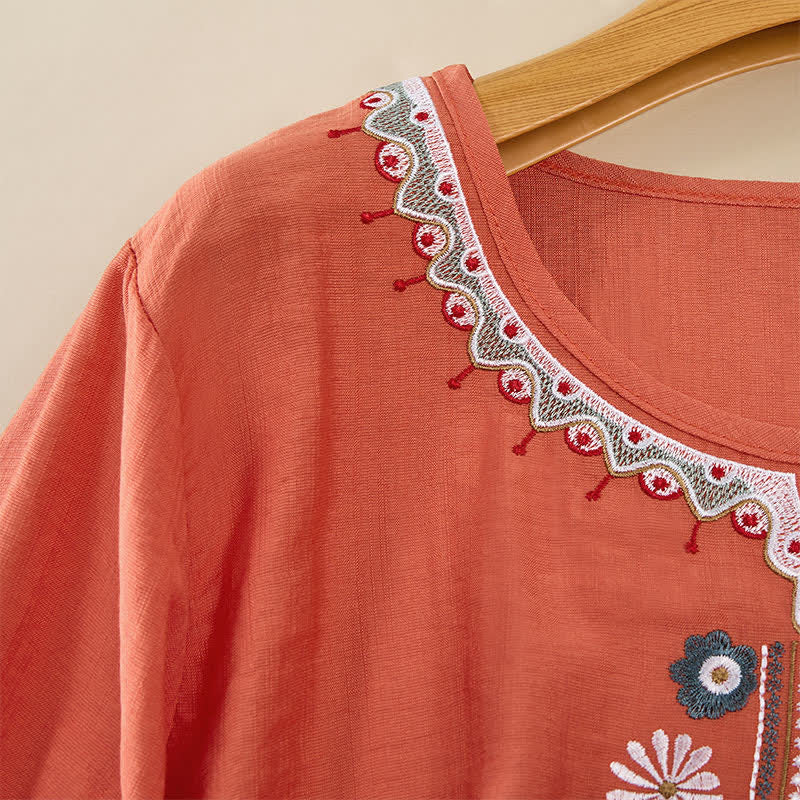 Buddha Stones T-shirts femme printemps bohèmes en coton et lin brodés, manches coude - image 3