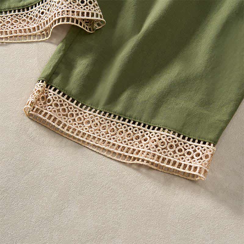 Buddha Stones Pantalon fuselé d'été pour femme, couleur unie, ourlet en dentelle et poches - image 33