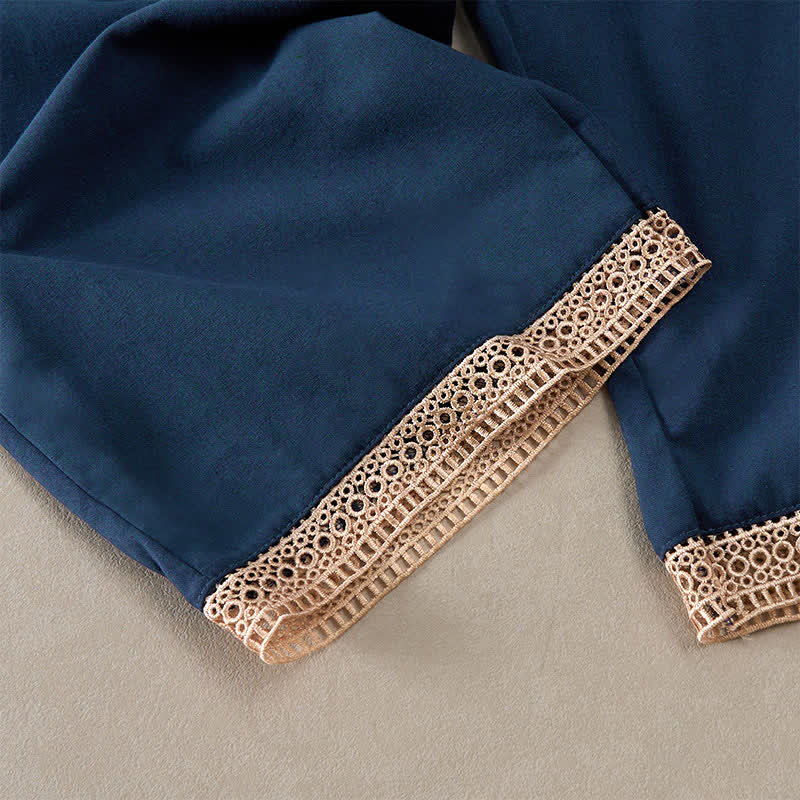 Buddha Stones Pantalon fuselé d'été pour femme, couleur unie, ourlet en dentelle et poches - image 44