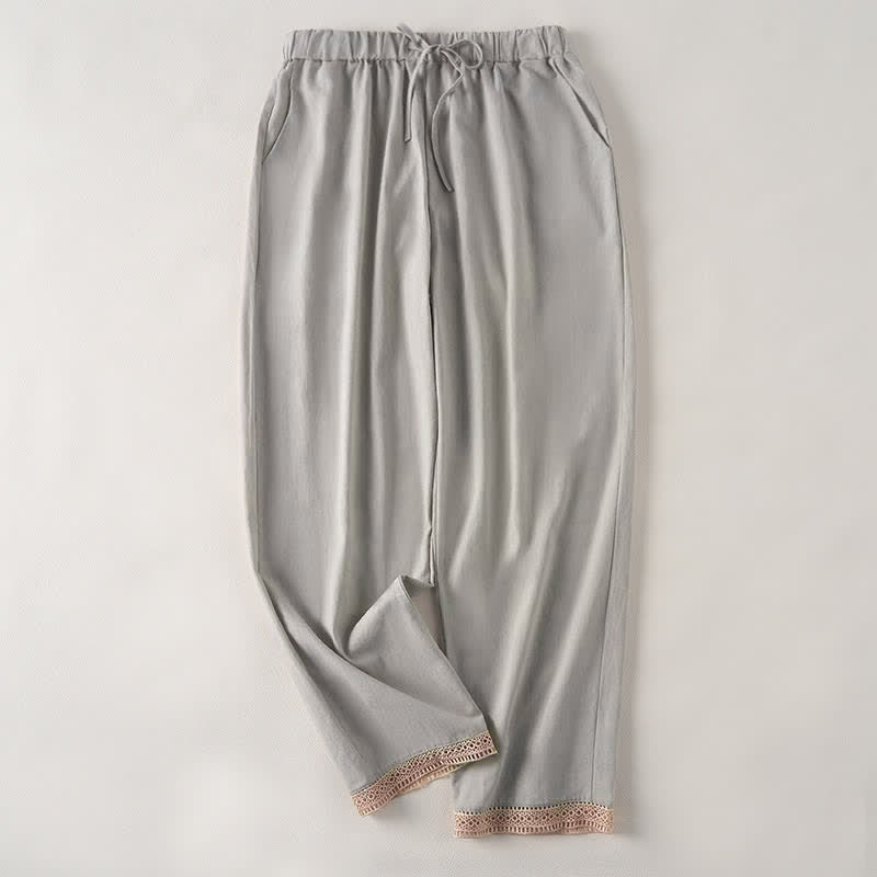 Buddha Stones Pantalon fuselé d'été pour femme, couleur unie, ourlet en dentelle et poches - Gris clair - US14，UK/AU18，EU46 (2XL) - image 9