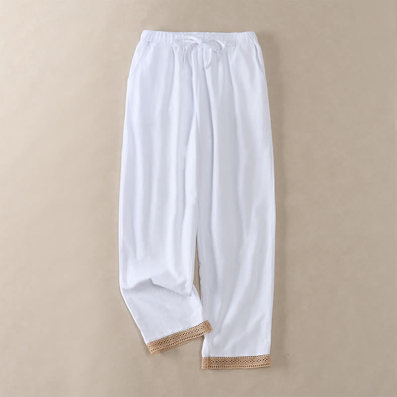 Buddha Stones Pantalon fuselé d'été pour femme, couleur unie, ourlet en dentelle et poches - Blanc - US14，UK/AU18，EU46 (2XL) - image 4