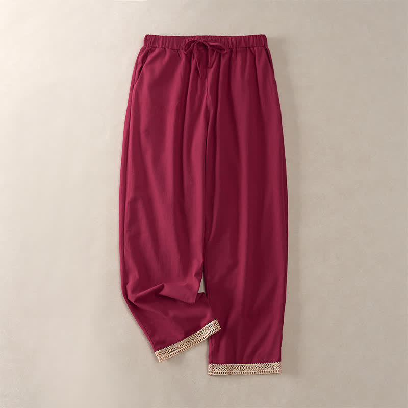 Buddha Stones Pantalon fuselé d'été pour femme, couleur unie, ourlet en dentelle et poches - Cramoisi - US14，UK/AU18，EU46 (2XL) - image 21