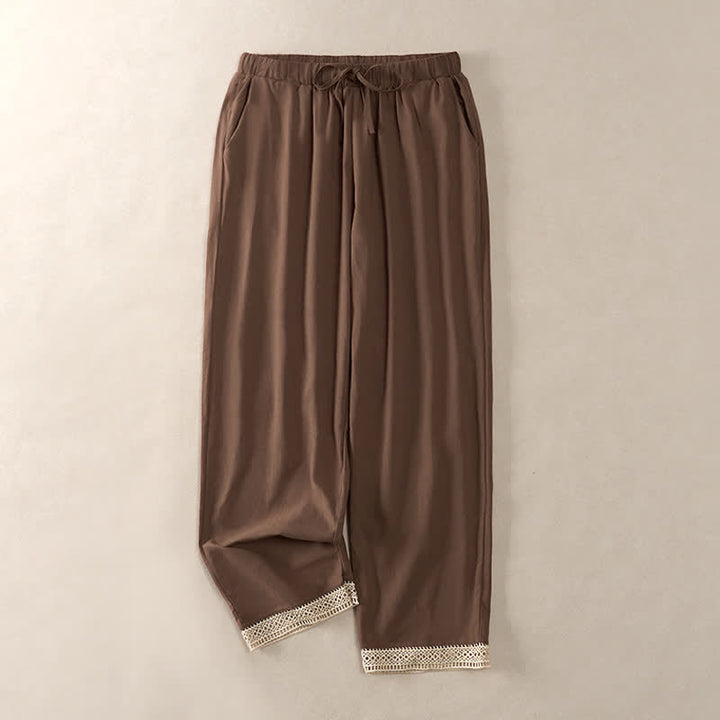 Buddha Stones Pantalon fuselé d'été pour femme, couleur unie, ourlet en dentelle et poches - SaddleBrown - US14，UK/AU18，EU46 (2XL) - image 0