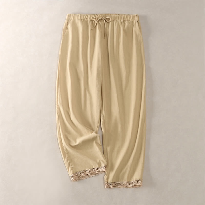 Buddha Stones Pantalon fuselé d'été pour femme, couleur unie, ourlet en dentelle et poches - Jaune d'or pâle - US14，UK/AU18，EU46 (2XL) - image 34