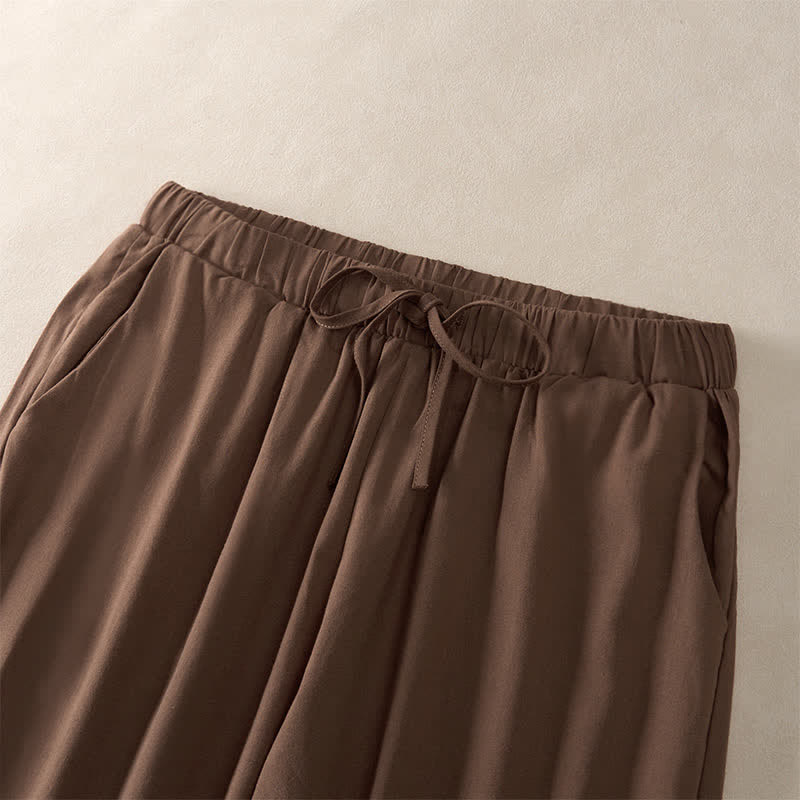 Buddha Stones Pantalon fuselé d'été pour femme, couleur unie, ourlet en dentelle et poches - image 1
