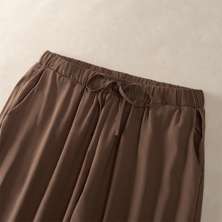 Buddha Stones Pantalon fuselé d'été pour femme, couleur unie, ourlet en dentelle et poches - image 1