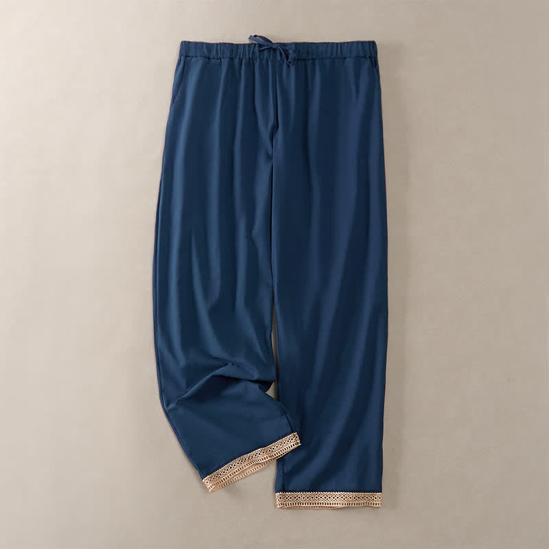 Buddha Stones Pantalon fuselé d'été pour femme, couleur unie, ourlet en dentelle et poches - Bleu foncé - US14，UK/AU18，EU46 (2XL) - image 40