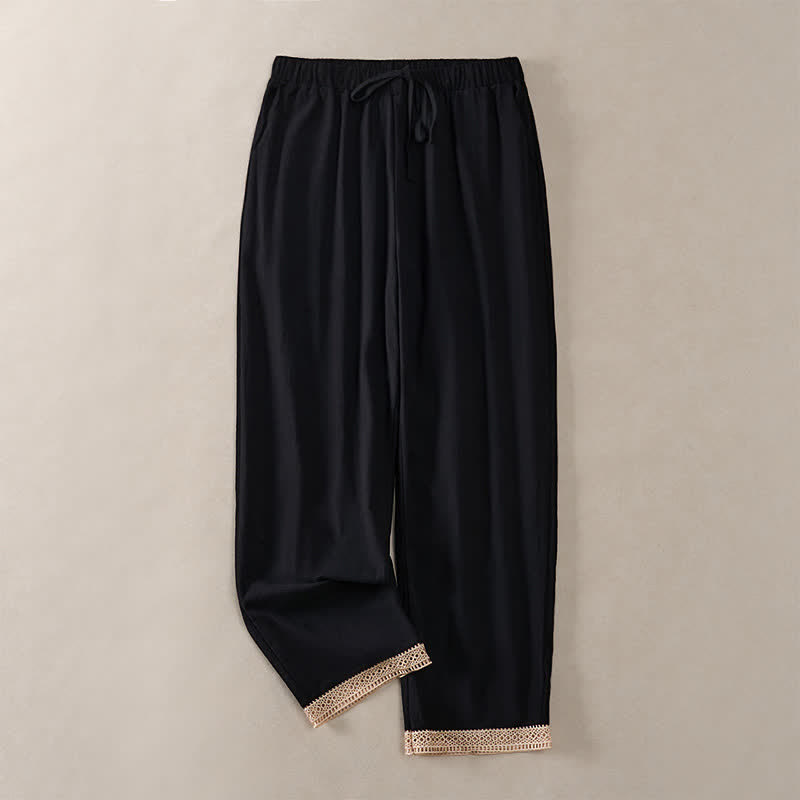 Buddha Stones Pantalon fuselé d'été pour femme, couleur unie, ourlet en dentelle et poches - Noir - US14，UK/AU18，EU46 (2XL) - image 16