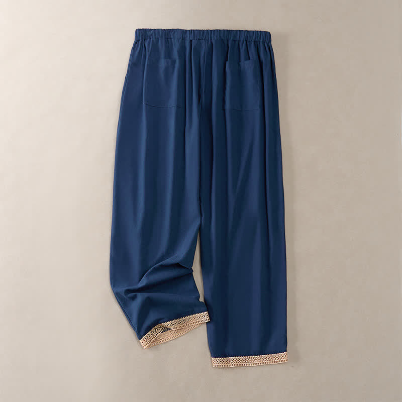 Buddha Stones Pantalon fuselé d'été pour femme, couleur unie, ourlet en dentelle et poches - image 41