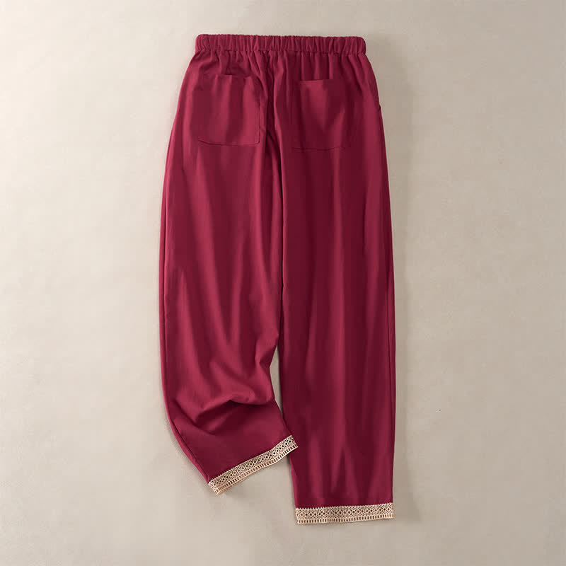 Buddha Stones Pantalon fuselé d'été pour femme, couleur unie, ourlet en dentelle et poches - image 22