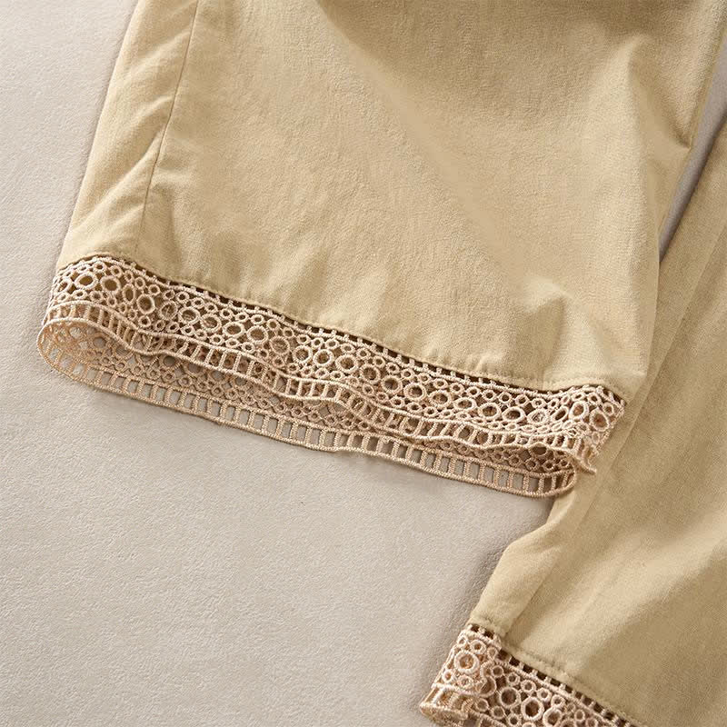 Buddha Stones Pantalon fuselé d'été pour femme, couleur unie, ourlet en dentelle et poches - image 39