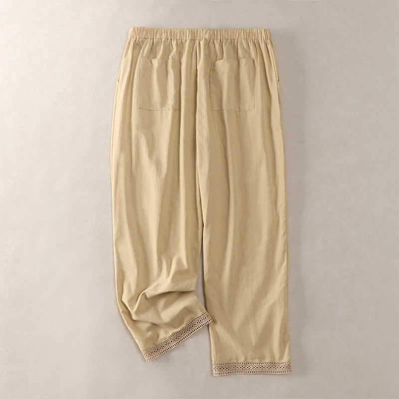 Buddha Stones Pantalon fuselé d'été pour femme, couleur unie, ourlet en dentelle et poches - image 35