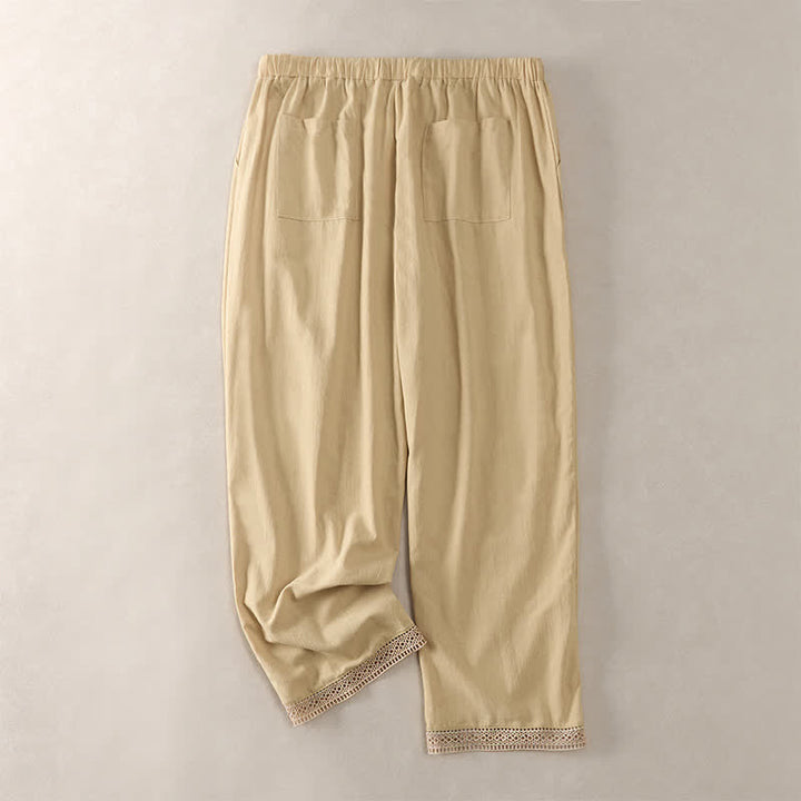 Buddha Stones Pantalon fuselé d'été pour femme, couleur unie, ourlet en dentelle et poches - image 35
