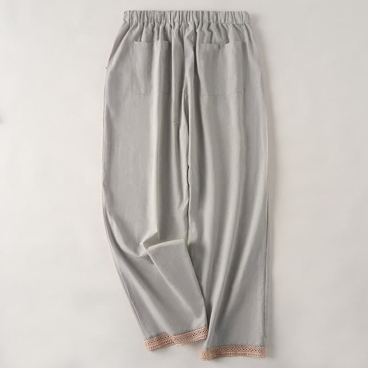 Buddha Stones Pantalon fuselé d'été pour femme, couleur unie, ourlet en dentelle et poches - image 10