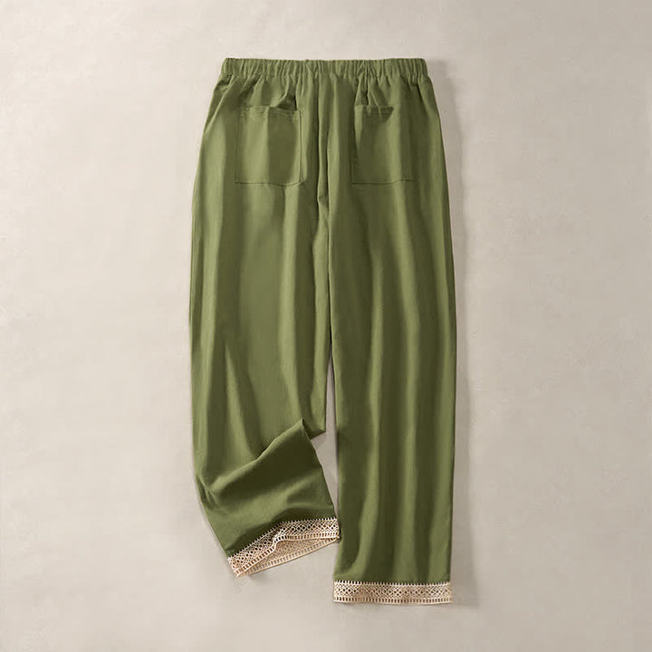 Buddha Stones Pantalon fuselé d'été pour femme, couleur unie, ourlet en dentelle et poches - image 28