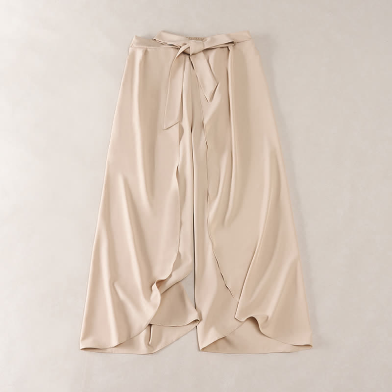 Buddha Stones Pantalon élégant à jambes larges, taille haute, avec fente latérale et cordon de serrage à nœud. - Bisque - US16，UK/AU20，EU48 (3XL) - image 6