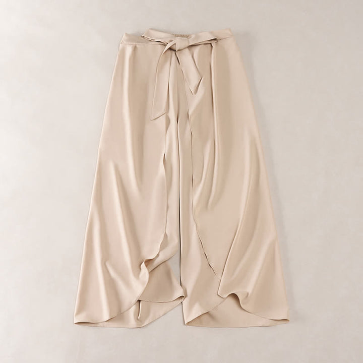 Buddha Stones Pantalon élégant à jambes larges, taille haute, avec fente latérale et cordon de serrage à nœud. - Bisque - US16，UK/AU20，EU48 (3XL) - image 6