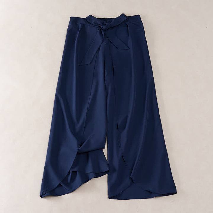 Buddha Stones Pantalon élégant à jambes larges, taille haute, avec fente latérale et cordon de serrage à nœud. - Bleu nuit - US16，UK/AU20，EU48 (3XL) - image 10