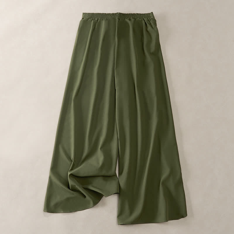 Buddha Stones Pantalon élégant à jambes larges, taille haute, avec fente latérale et cordon de serrage à nœud. - image 1