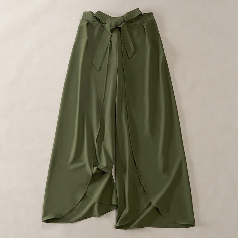 Buddha Stones Pantalon élégant à jambes larges, taille haute, avec fente latérale et cordon de serrage à nœud. - Vert olive foncé - US16，UK/AU20，EU48 (3XL) - image 0