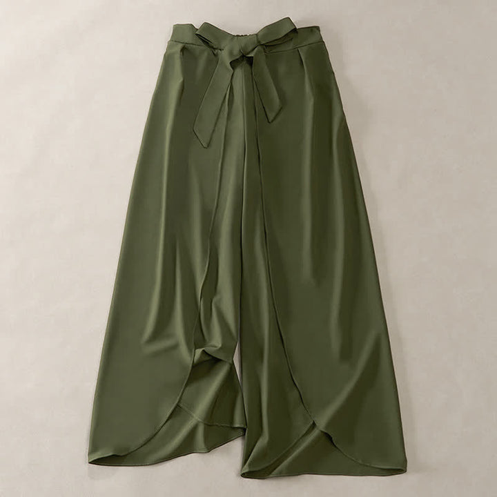 Buddha Stones Pantalon élégant à jambes larges, taille haute, avec fente latérale et cordon de serrage à nœud. - Vert olive foncé - US16，UK/AU20，EU48 (3XL) - image 0