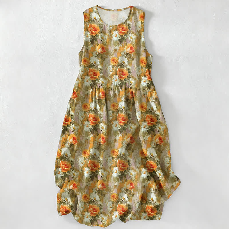 Robe midi Buddha Stones à carreaux faite main en coton sans manches avec poches - JauneVert - US16，UK/AU20，EU48 (3XL) - image 18