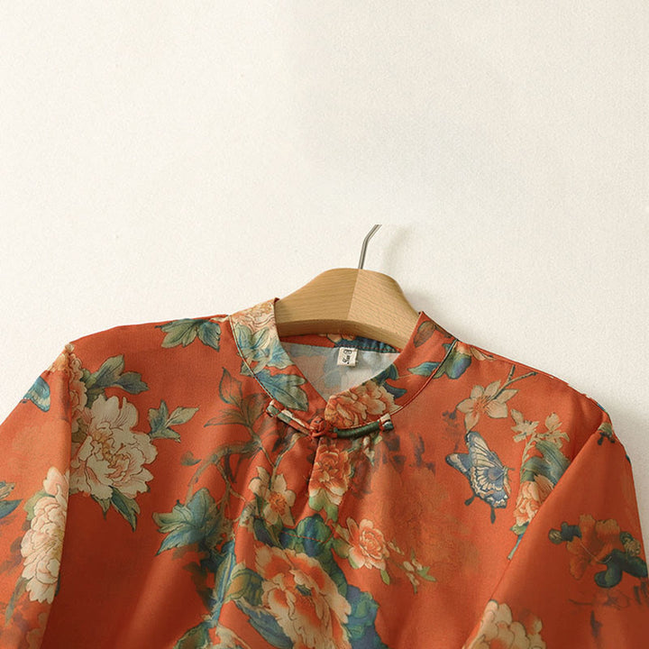 Buddha Stones Robe courte à col montant et boutons brandebourg à imprimé floral, manches courtes - image 10