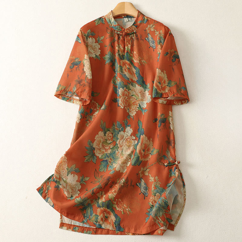 Buddha Stones Robe courte à col montant et boutons brandebourg à imprimé floral, manches courtes - OrangeRouge - US12，UK/AU16，EU44 (2XL) - image 8
