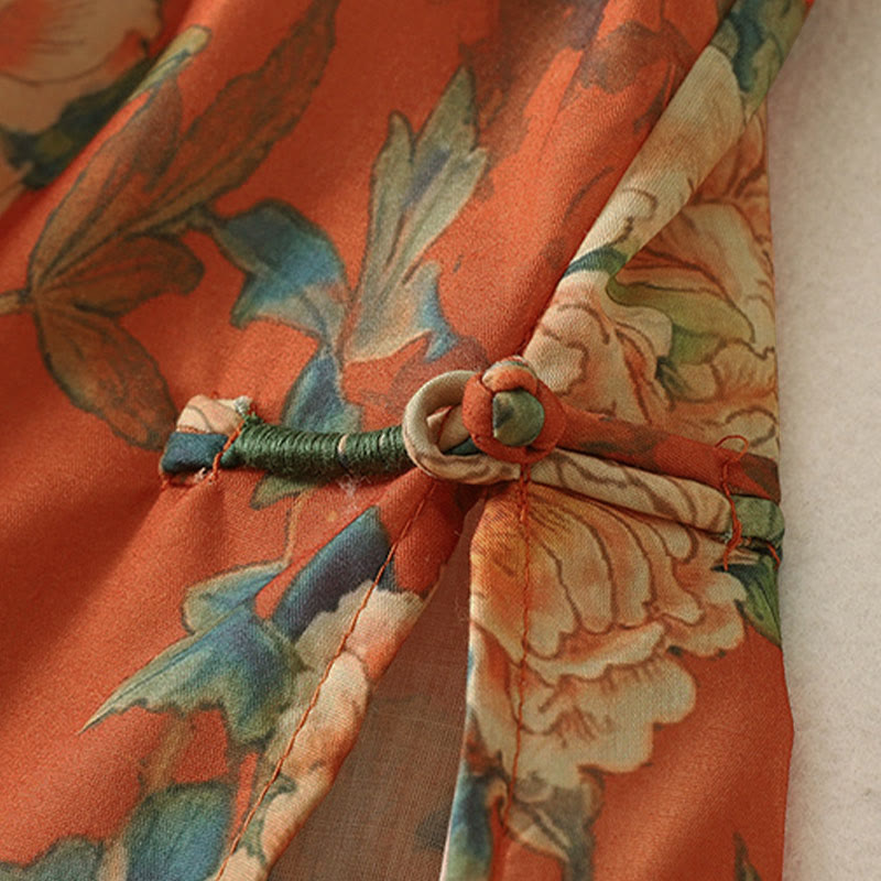 Buddha Stones Robe courte à col montant et boutons brandebourg à imprimé floral, manches courtes - image 12