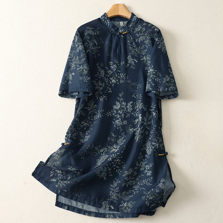 Buddha Stones Robe courte à col montant et boutons brandebourg à imprimé floral, manches courtes - Bleu nuit - US12，UK/AU16，EU44 (2XL) - image 0