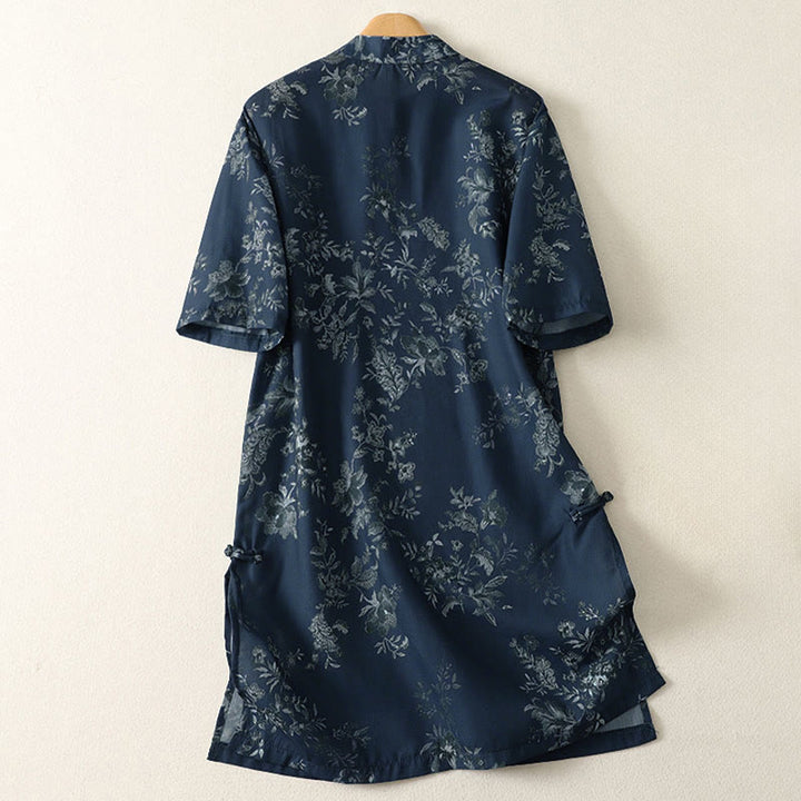 Buddha Stones Robe courte à col montant et boutons brandebourg à imprimé floral, manches courtes - image 1
