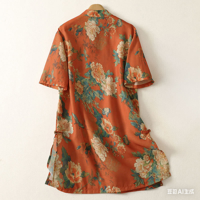 Buddha Stones Robe courte à col montant et boutons brandebourg à imprimé floral, manches courtes - image 9