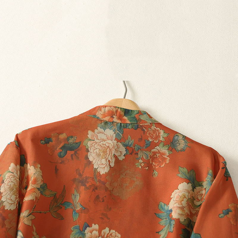 Buddha Stones Robe courte à col montant et boutons brandebourg à imprimé floral, manches courtes - image 11