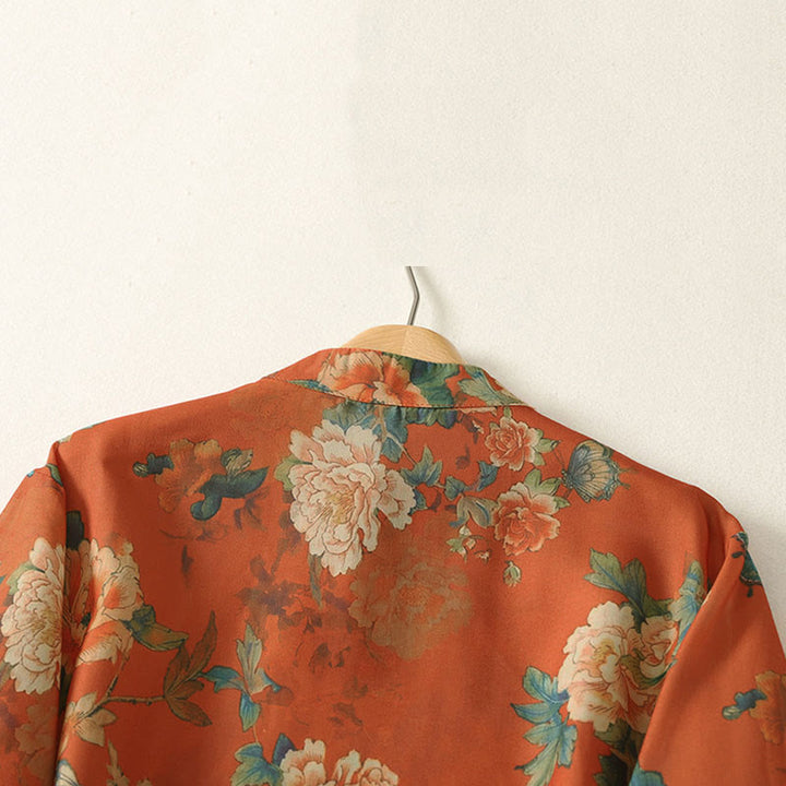 Buddha Stones Robe courte à col montant et boutons brandebourg à imprimé floral, manches courtes - image 11