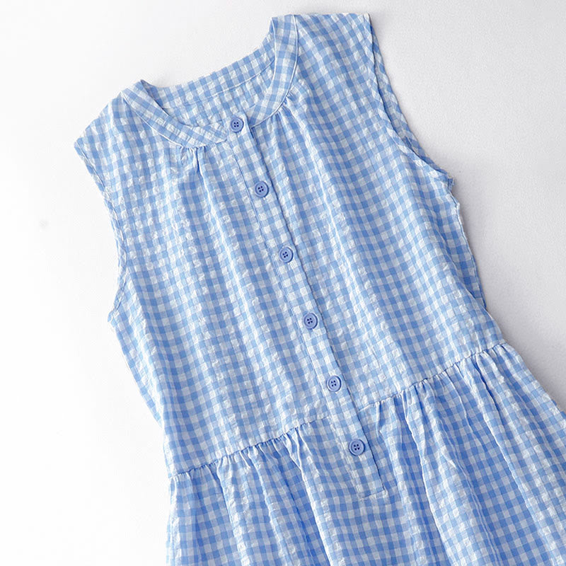 Buddha Stones Robe d'été en coton à carreaux, col rond, sans manches, longueur genou, col rond, en coton. - image 10