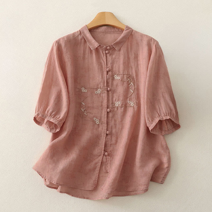 Buddha Stones Chemise d'été pour femme à col montant, boutons brodés et manches trois-quarts - Saumon foncé - US8-10，UK/AU12-14，EU40-42 (2XL) - image 5