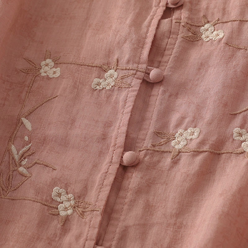 Buddha Stones Chemise d'été pour femme à col montant, boutons brodés et manches trois-quarts - image 8