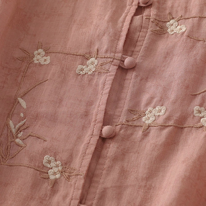 Buddha Stones Chemise d'été pour femme à col montant, boutons brodés et manches trois-quarts - image 8